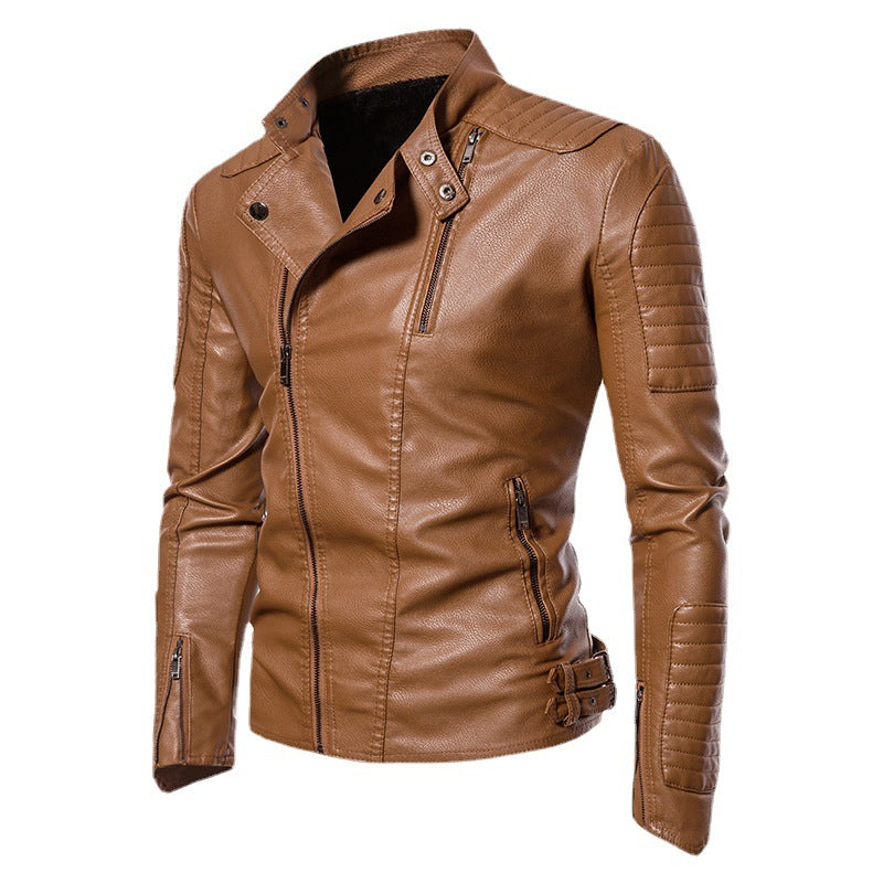 Men's Slim-Fit Biker Jacket made of Faux Leather with Quilted Shoulder and Sleeve Yoke Chichicherry