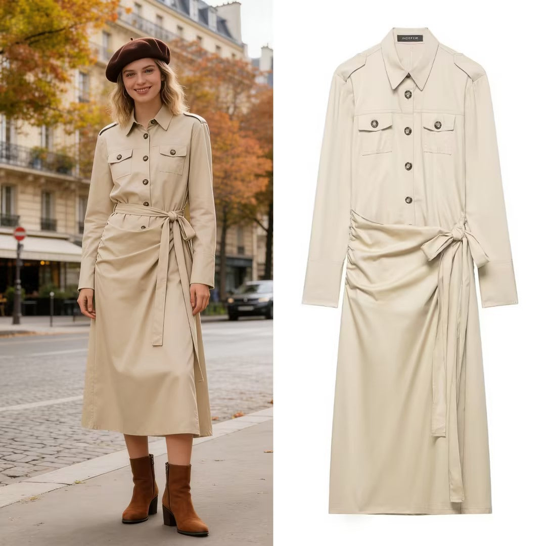 Ladies' shirt dress with knot tie belt, flap pockets and slim waist Chichicherry