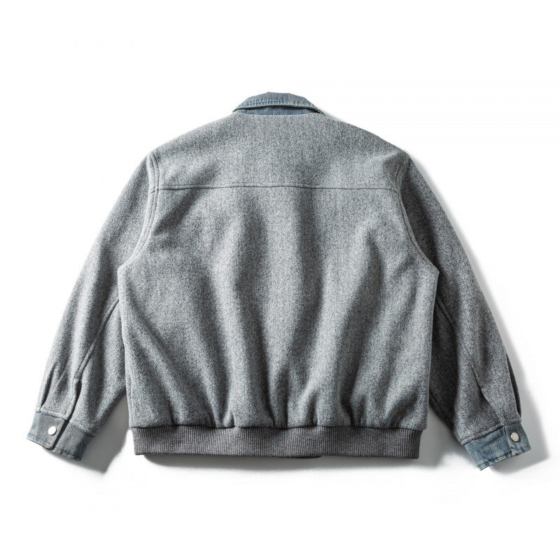 Men's short-cut wool blend bomber jacket with denim collar, concealed zipper, and flap pockets Chichicherry