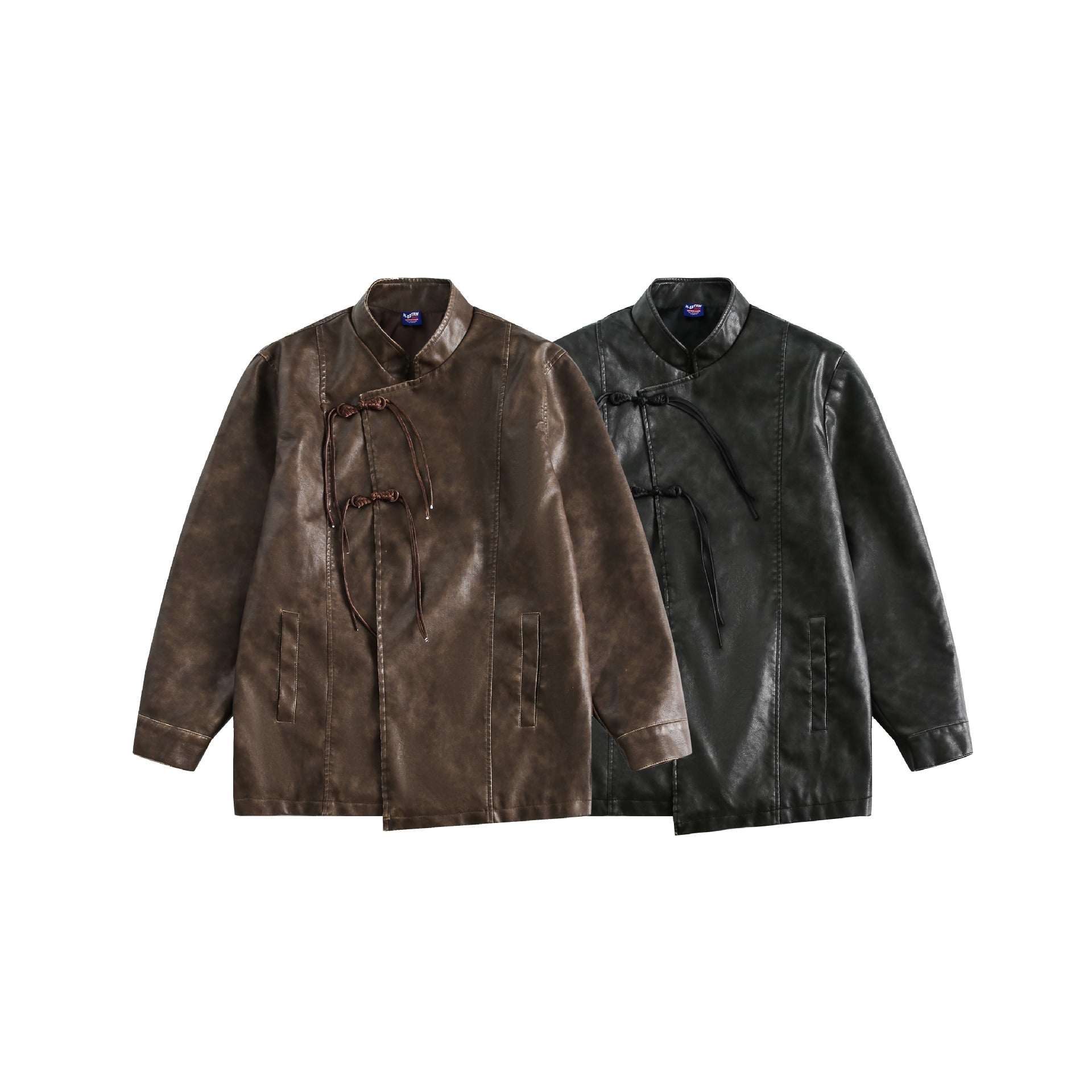 Men's Short Leather Look Coat in Vintage Style with Chinese Knot Closures Chichicherry
