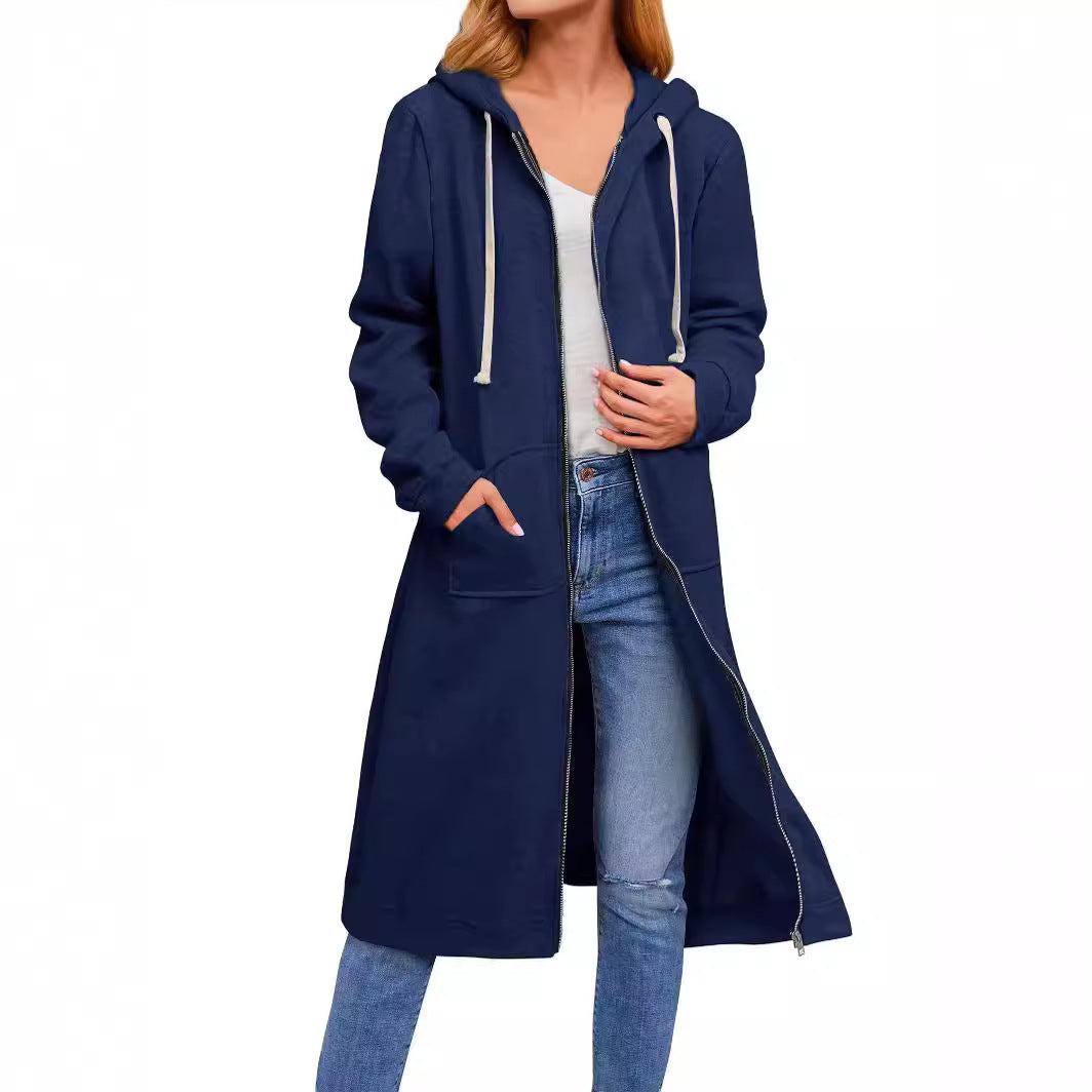 Women Long Hooded Sweat Coat with Two-Way Zipper and Kangaroo Pockets