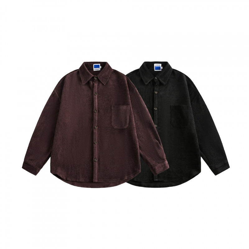 Unisex Oversized Velvet Shirt Jacket with Chest Pocket and Continuous Button Placket Chichicherry