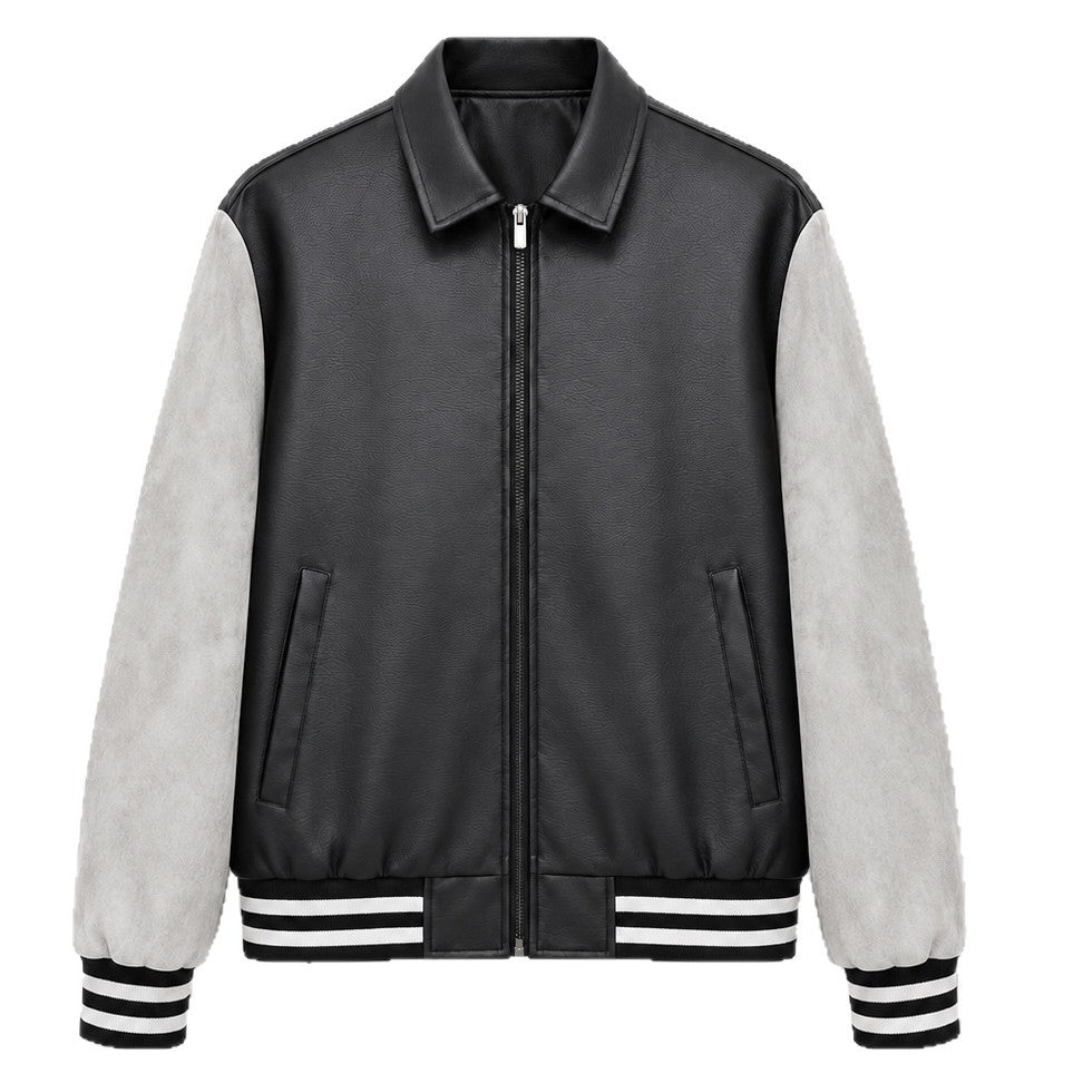 Men's Retro Letterman Bomber with Smooth Faux Leather Body and Velvet Sleeve Detail Chichicherry