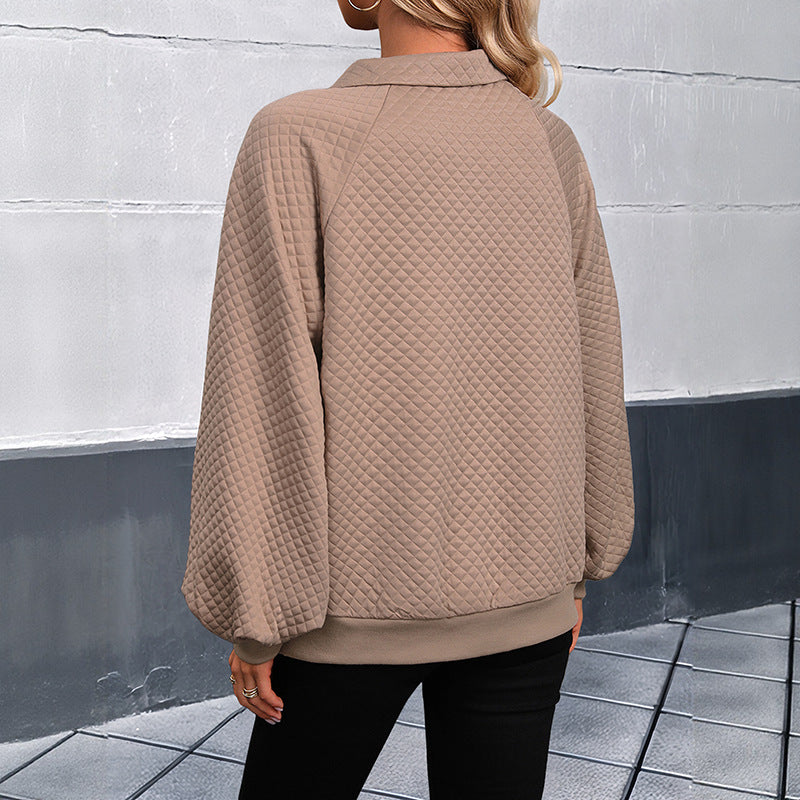 Women's Padded Quilted Sweater with Polo Collar and Kangaroo Pocket Chichicherry