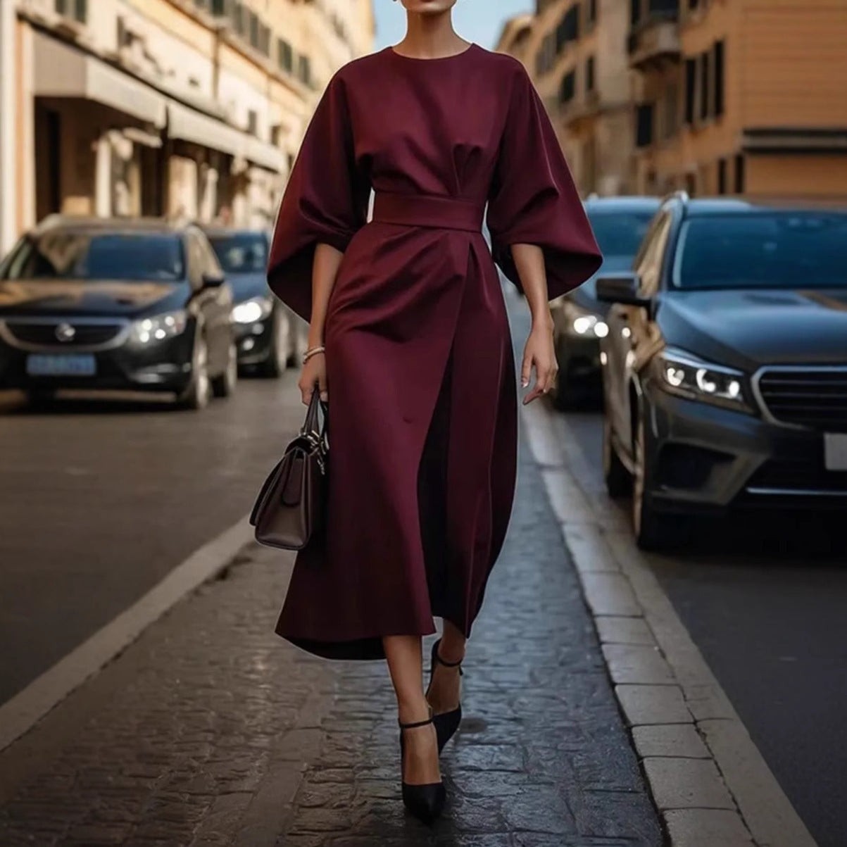 Damen Elegantes Midikleid mit weitem Kimonoärmel, tailliertem Gürtel und drapierter A‑Linie Chichicherry