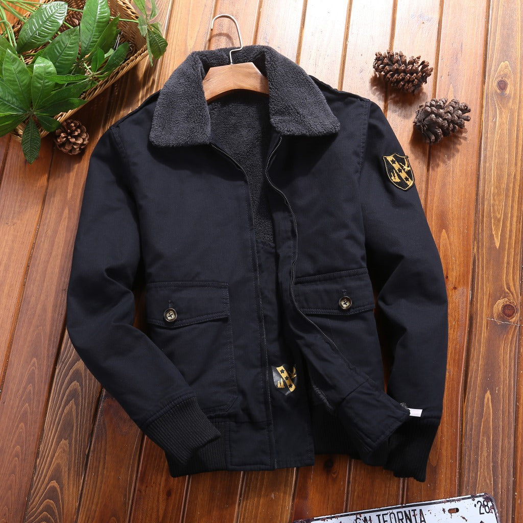 Men's Canvas Pilot Jacket with Teddy Lining, Ribbed Cuffs and Flap Pockets Chichicherry