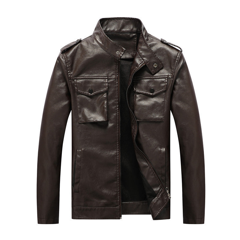Men's slim artificial leather field blazer with stand-up collar, chest flap pockets, and zipper Chichicherry