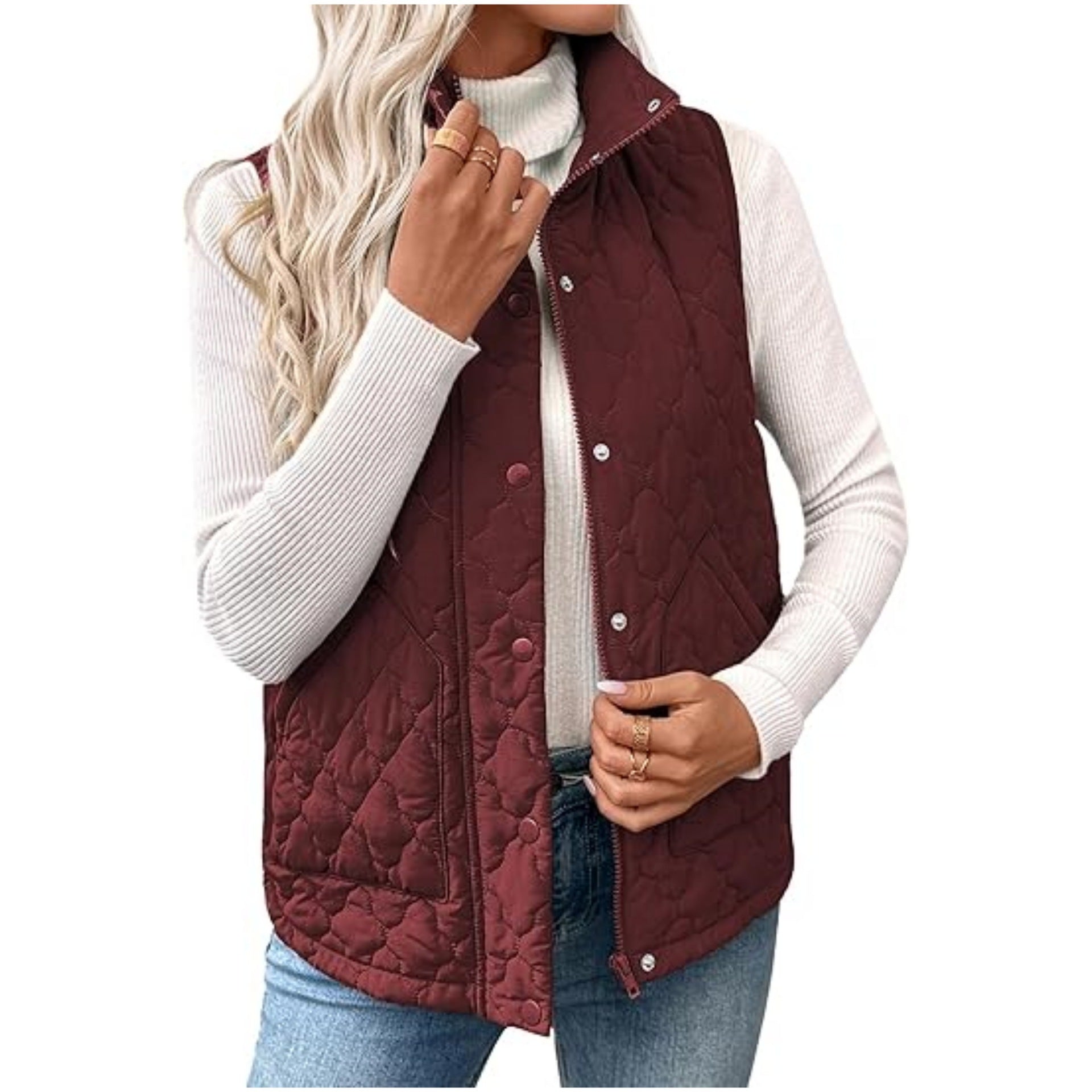 Women’s quilted vest with high standing collar, double closure and curved hem Chichicherry