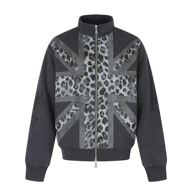 Women's Zip Sweat Jacket with Stand-Up Collar and Leopard Union Jack Print Chichicherry