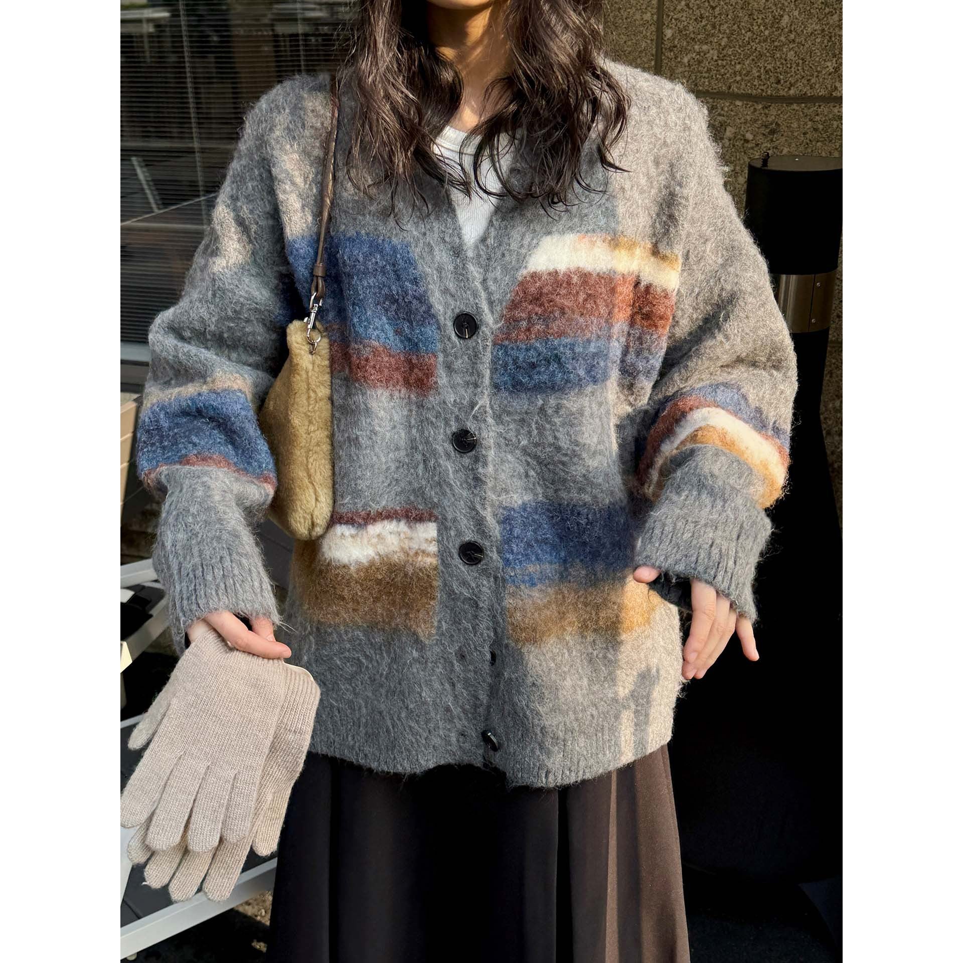 Women Cozy Mohair-Optics Checkered Button Cardigan with Oversize Silhouette Chichicherry