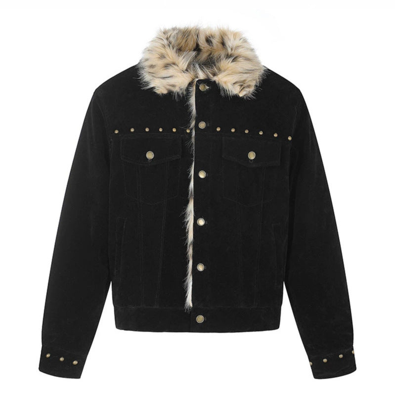 Men's suede trucker jacket with faux fur collar, stud embellishments and snap button closure Chichicherry