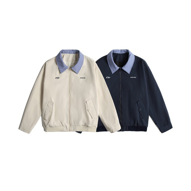 Men's Lightweight Harrington Bomber Jacket with Checkered Shirt Collar and Flap Pockets Chichicherry