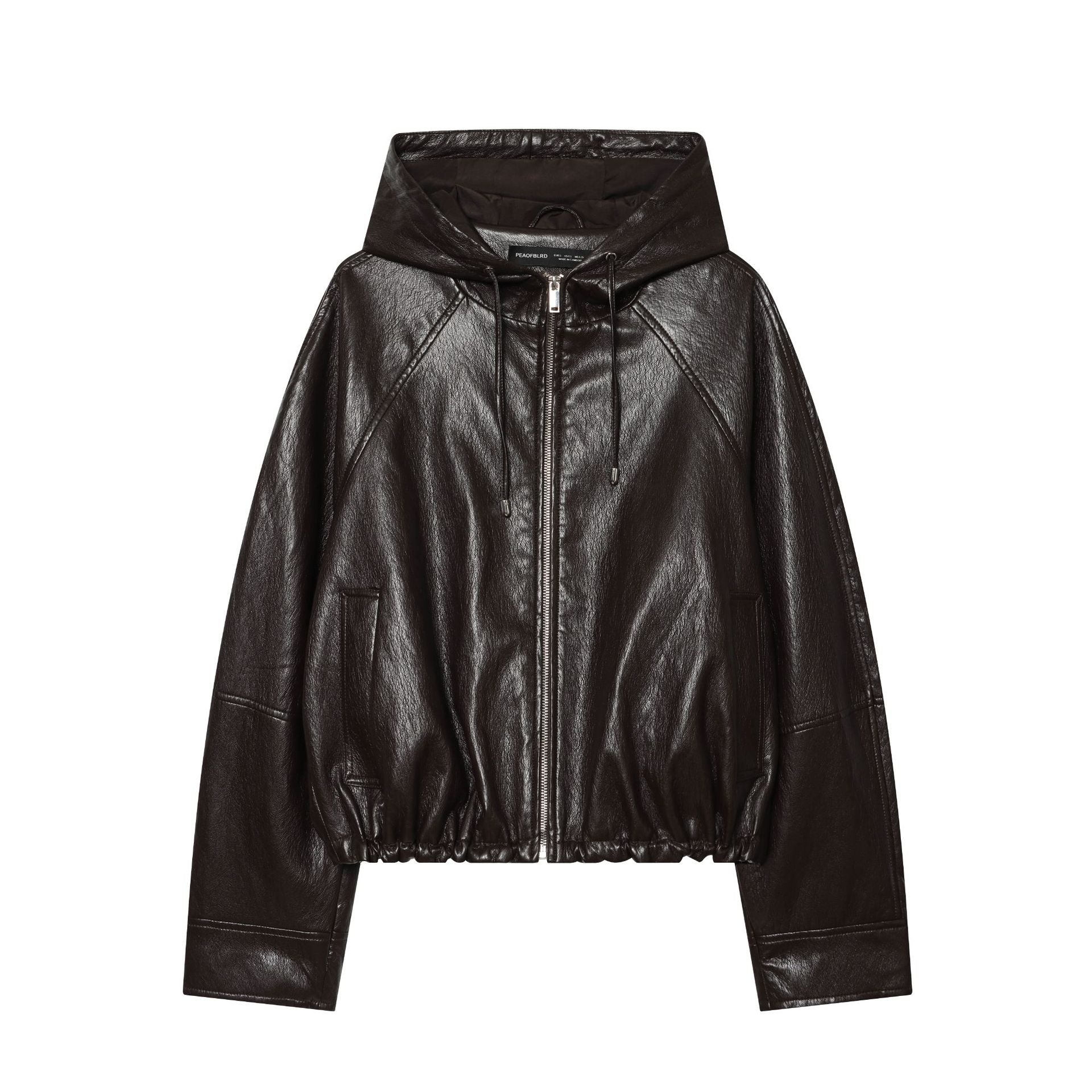 Women's Short Hooded Leather Look Bomber Jacket with Drawstring Hem Chichicherry