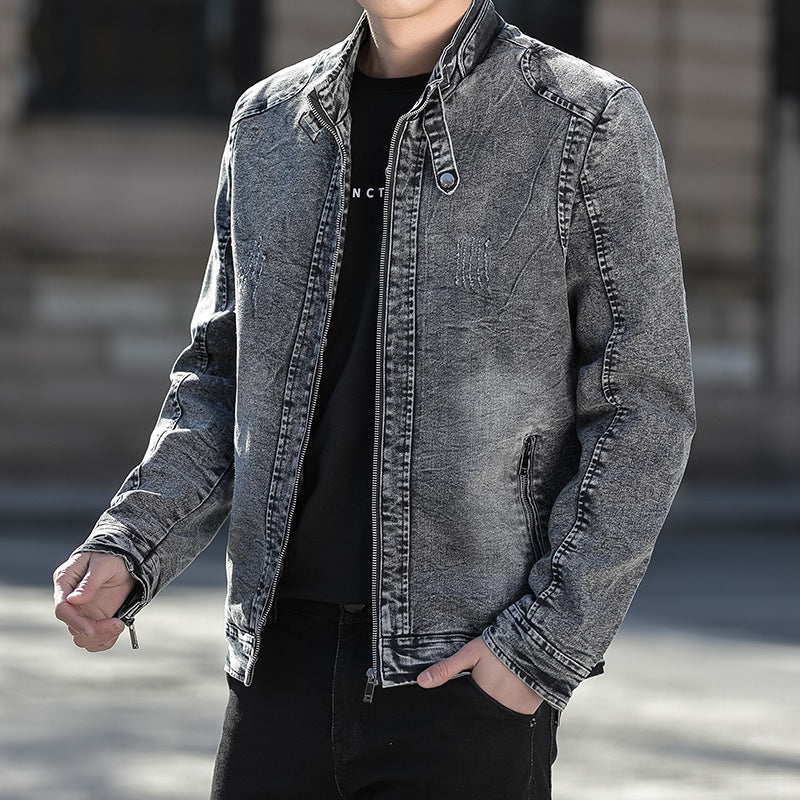 Men's Slim-Fit Washed Denim Jacket with Stand Collar and Zipper Chichicherry