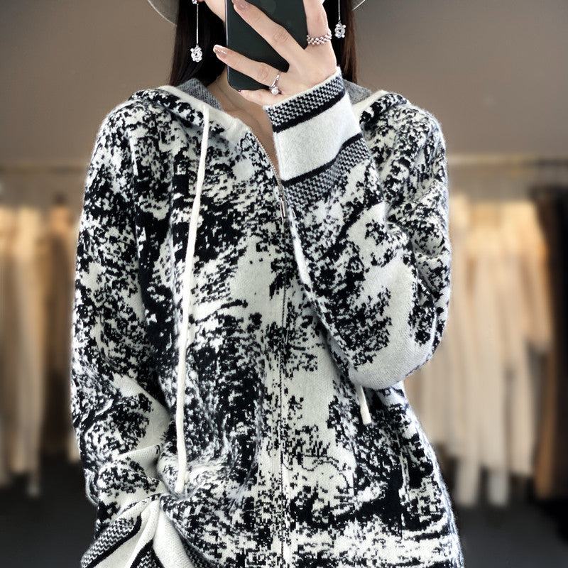 Women Oversize Jacquard Knit Jacket with Hood and Zipper Chichicherry