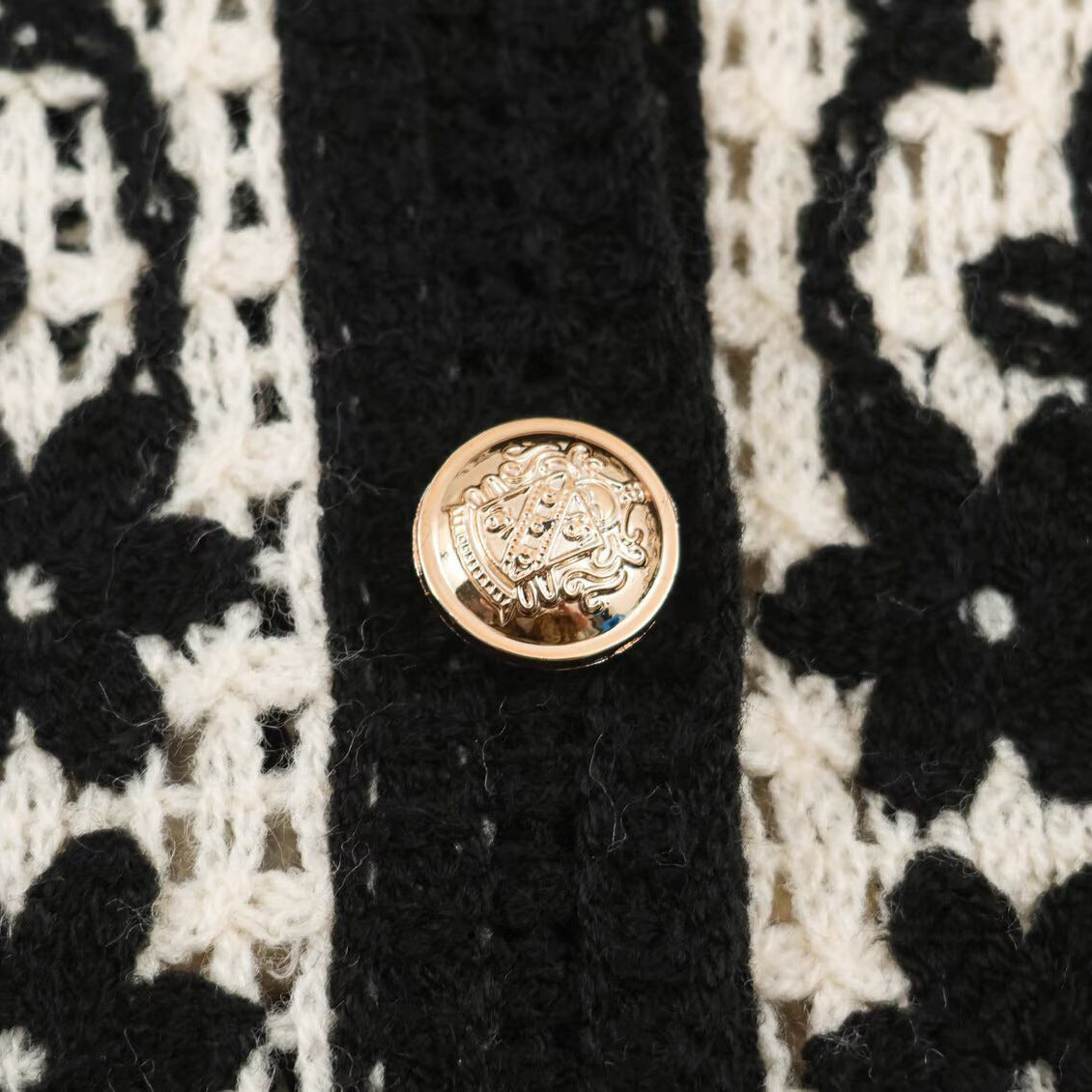Women's Crocheted Boucle Cardigan with Three-Dimensional Flower Embroidery and Gold Accents Chichicherry