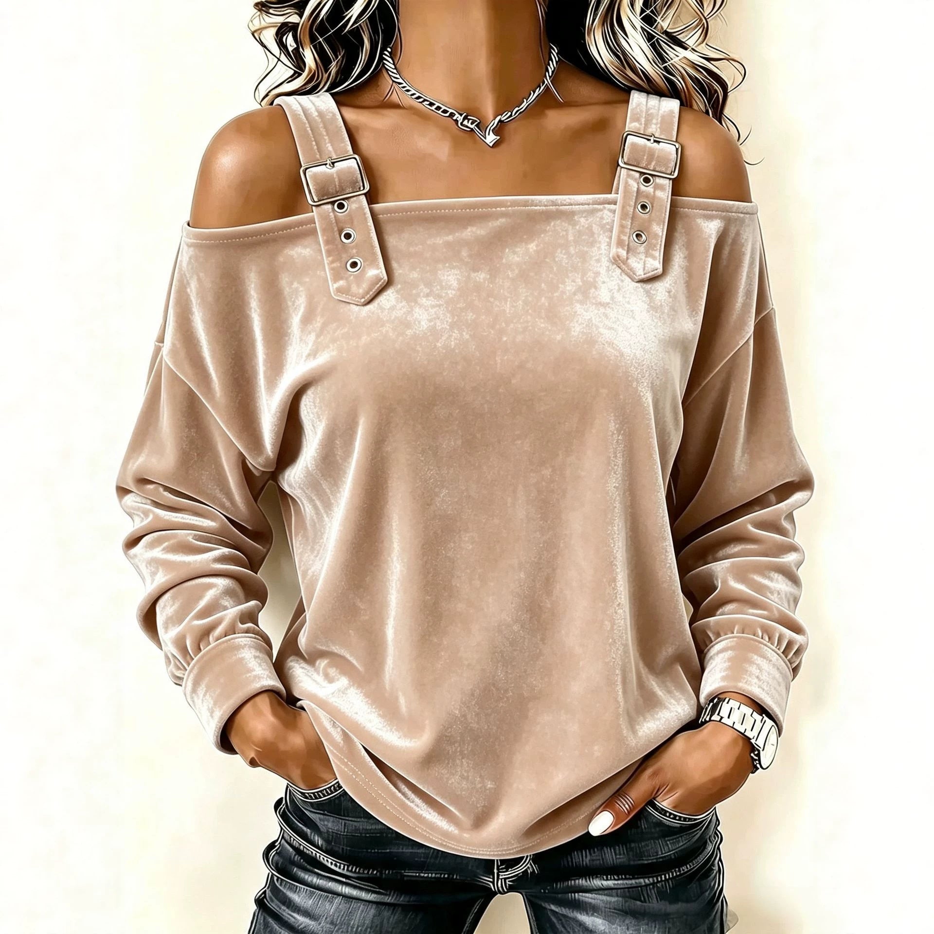 Women's Off-The-Shoulder Velvet Top with Adjustable Strap and Casual Oversized Fit Chichicherry
