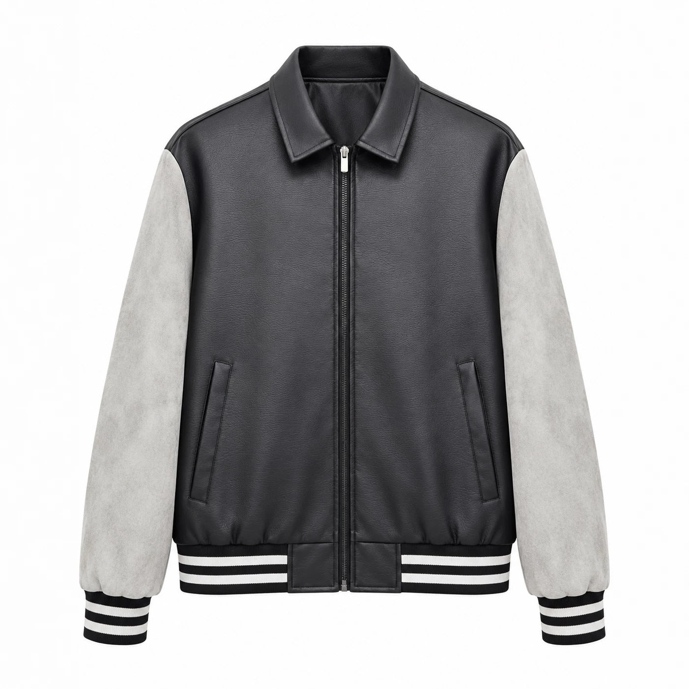 Men's Retro Letterman Bomber with Smooth Faux Leather Body and Velvet Sleeve Detail Chichicherry