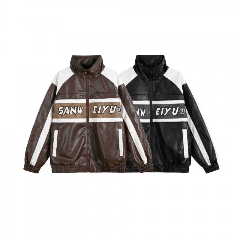 Unisex Retro-inspired Faux Leather Bomber Jacket with Stand-up Collar, Contrast Stripes and Letter Patch Chichicherry