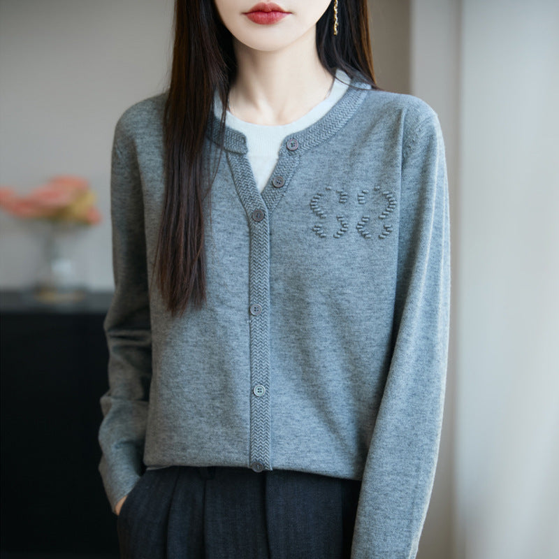 Women's Short Fine Knit Cardigan with V-Slit Collar, Ribbed Trim and Subtle Structure Logo Chichicherry