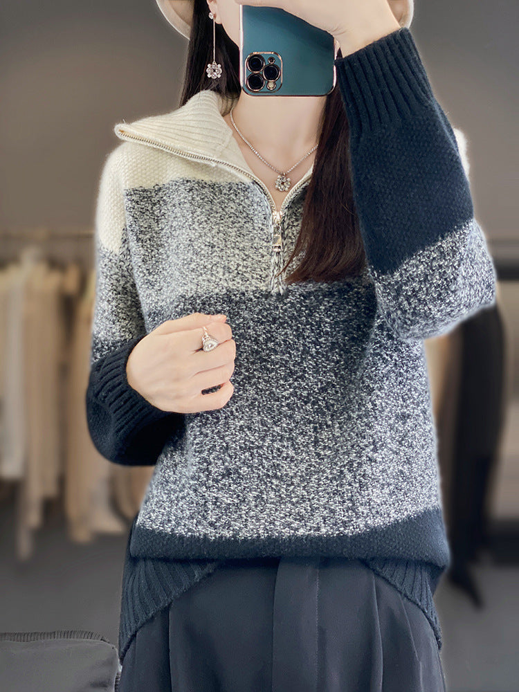 Women’s oversized knit pullover with half zip, heathered block stripes and soft fleece Chichicherry