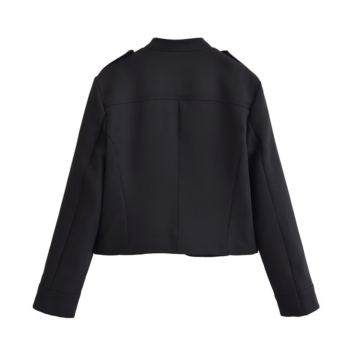 Ladies fitted short jacket in military style with decorative double-button placket, zipper, and shoulder epaulettes Chichicherry