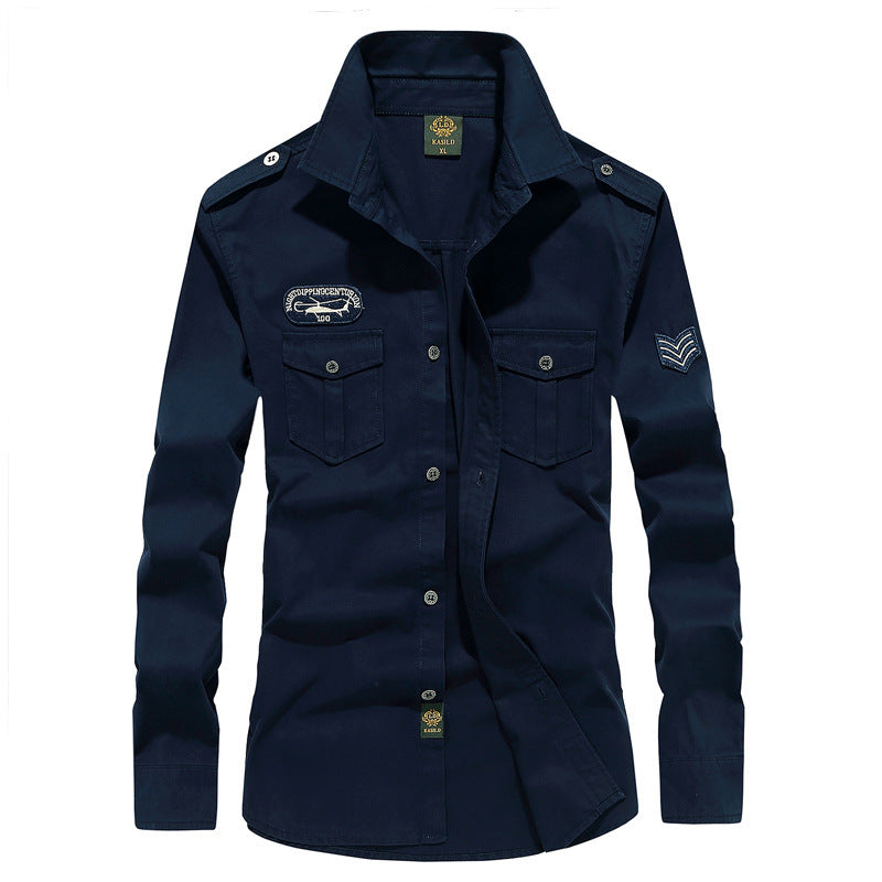 Men's Military-Utility Long Sleeve Canvas Shirt with Chest Flap Pockets and Shoulder Epaulettes Chichicherry