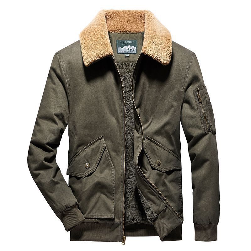 Men's Canvas Bomber Jacket with Sherpa Lining, Teddy Collar and Utility Pockets Chichicherry