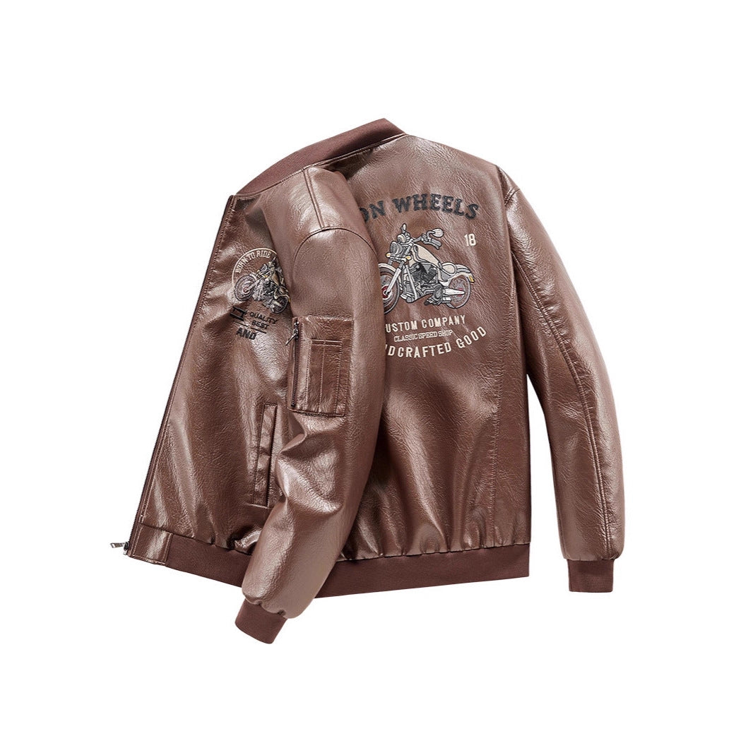 Men's faux leather bomber jacket with warming fleece lining, motorcycle embroidery and sleeve pocket Chichicherry