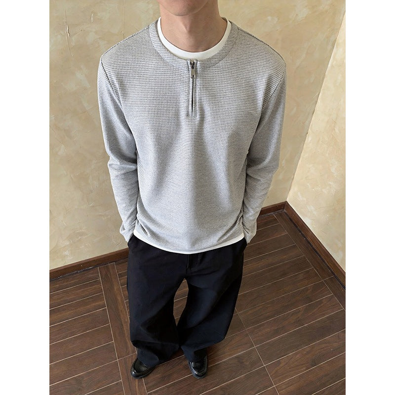 Men's Structured Long Sleeve Pullover with Half Zipper and Contrast Trim Chichicherry