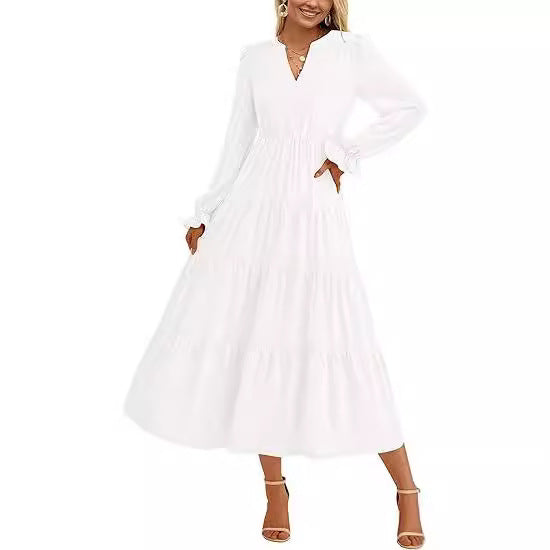 Women's Tiered Midi Dress with V-Neck, Gathered Waist Seam and Ruffle Cuffs Chichicherry