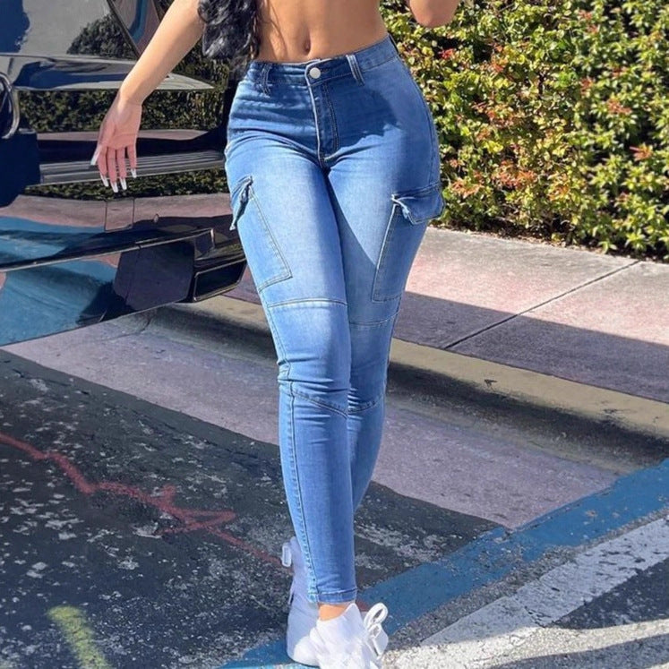 Women High-Waist Sculpting Cargo Skinny Jeans with Knee Yoke and Applied Cargo Pockets Chichicherry