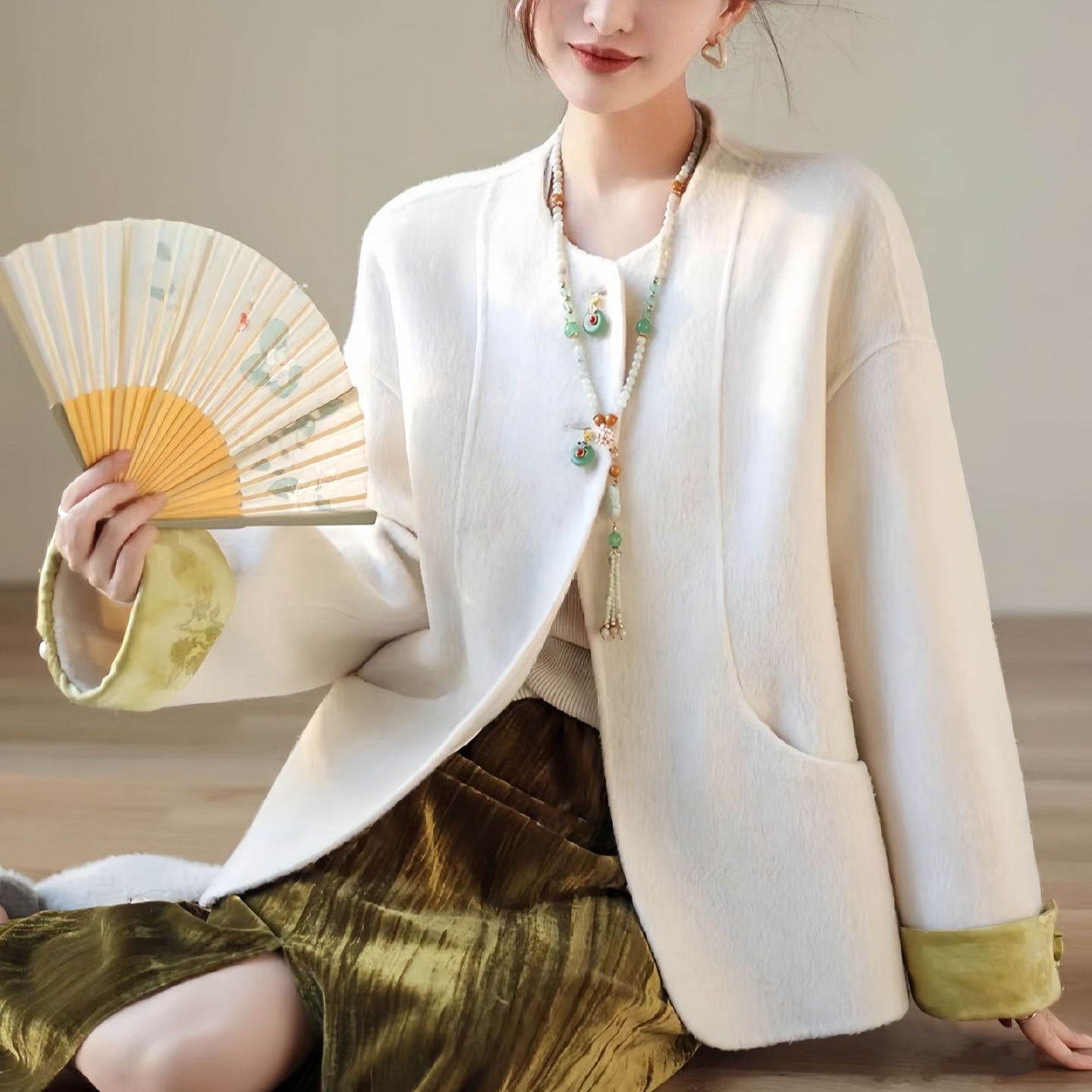 Women's Boxy Wool Jacket with Embroidered Cuffs and Stand-Up Collar Chichicherry