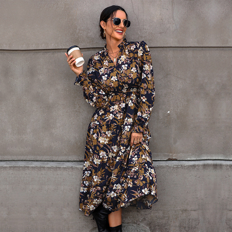 Women's Flowing Floral Midi Dress with V-Neck, Smocked Waistband, and Tiered Skirt Chichicherry