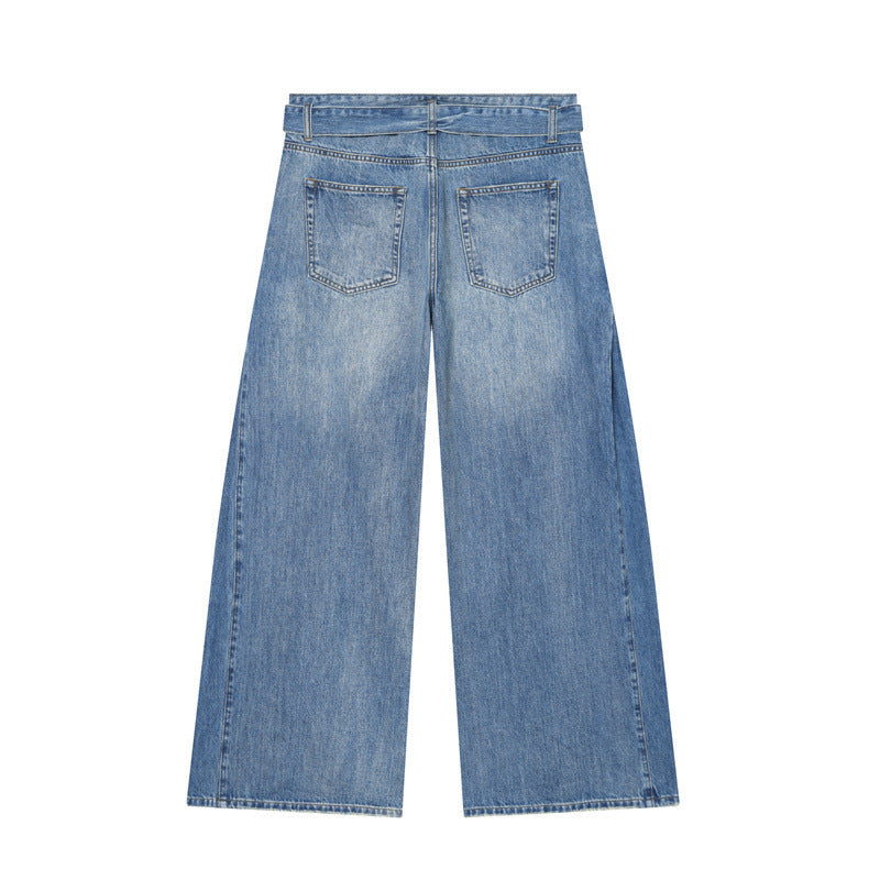 Women Wide Denim Pants with Side Pleat Inserts, High Waist and Waist Belt Chichicherry
