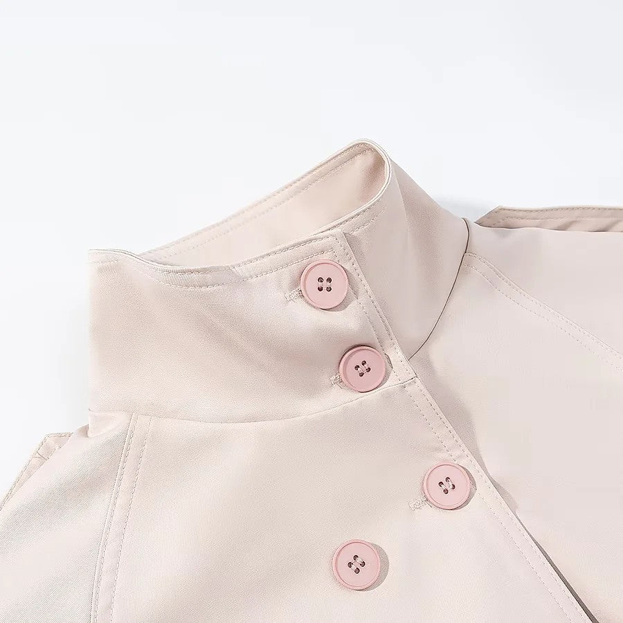 Women's short trench-style jacket with stand-up collar double-breasted and tie belt Chichicherry