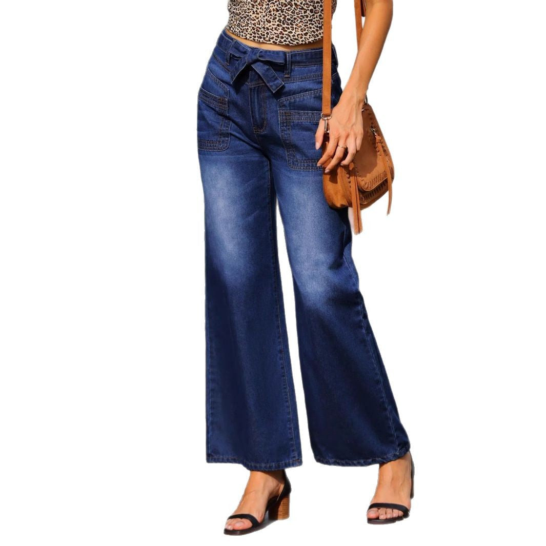 Women High-waisted wide jeans with bow waistband and patch pockets Chichicherry