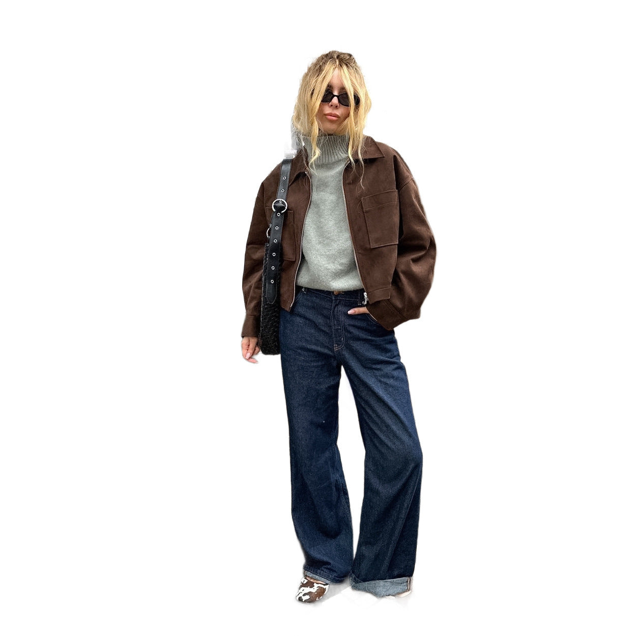 Women's short-cut velour worker jacket with zipper and patch pockets Chichicherry