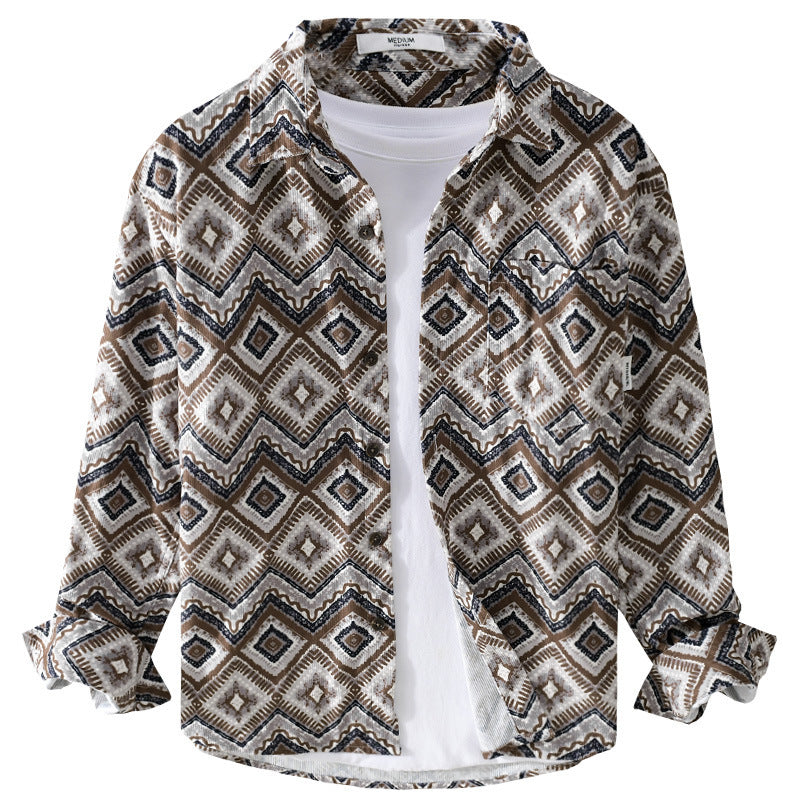 Men's Patterned Overshirt in Relaxed Fit with Geometric Diamond Print and Chest Pocket Chichicherry