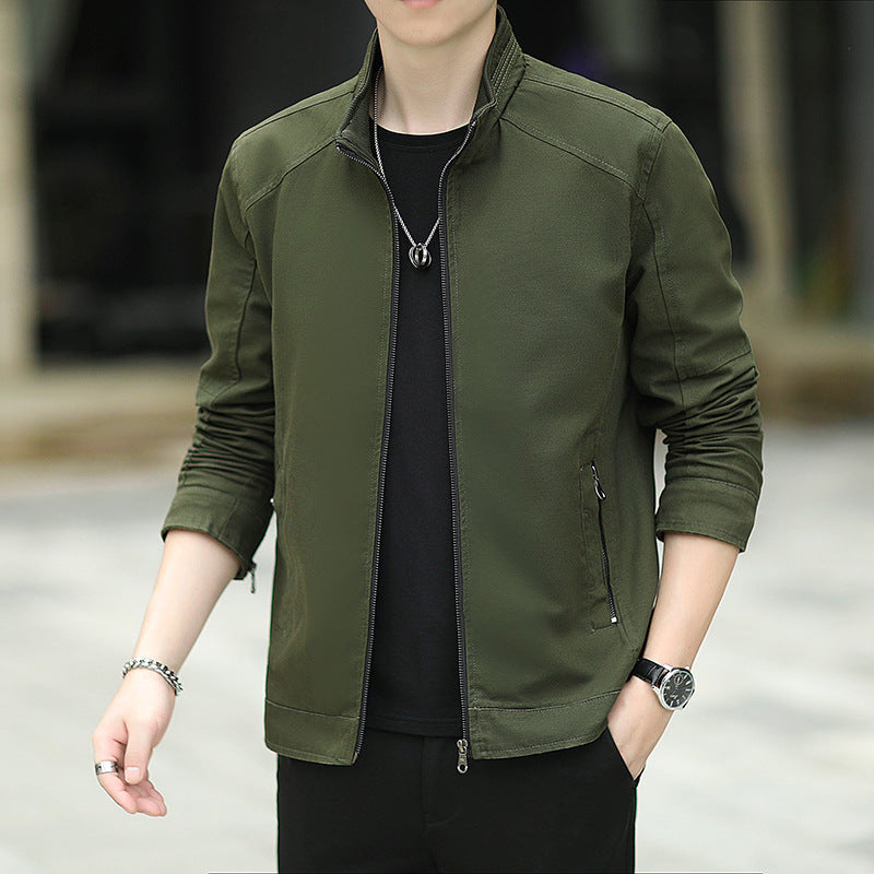 Men's Minimalistic Utility Transitional Jacket made of Cotton Canvas with Stand Collar and Zipper Pockets Chichicherry