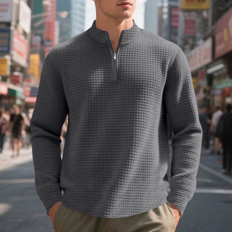 Men's Quilted Quarter-Zip Pullover with Check Pattern and Stand Collar Chichicherry