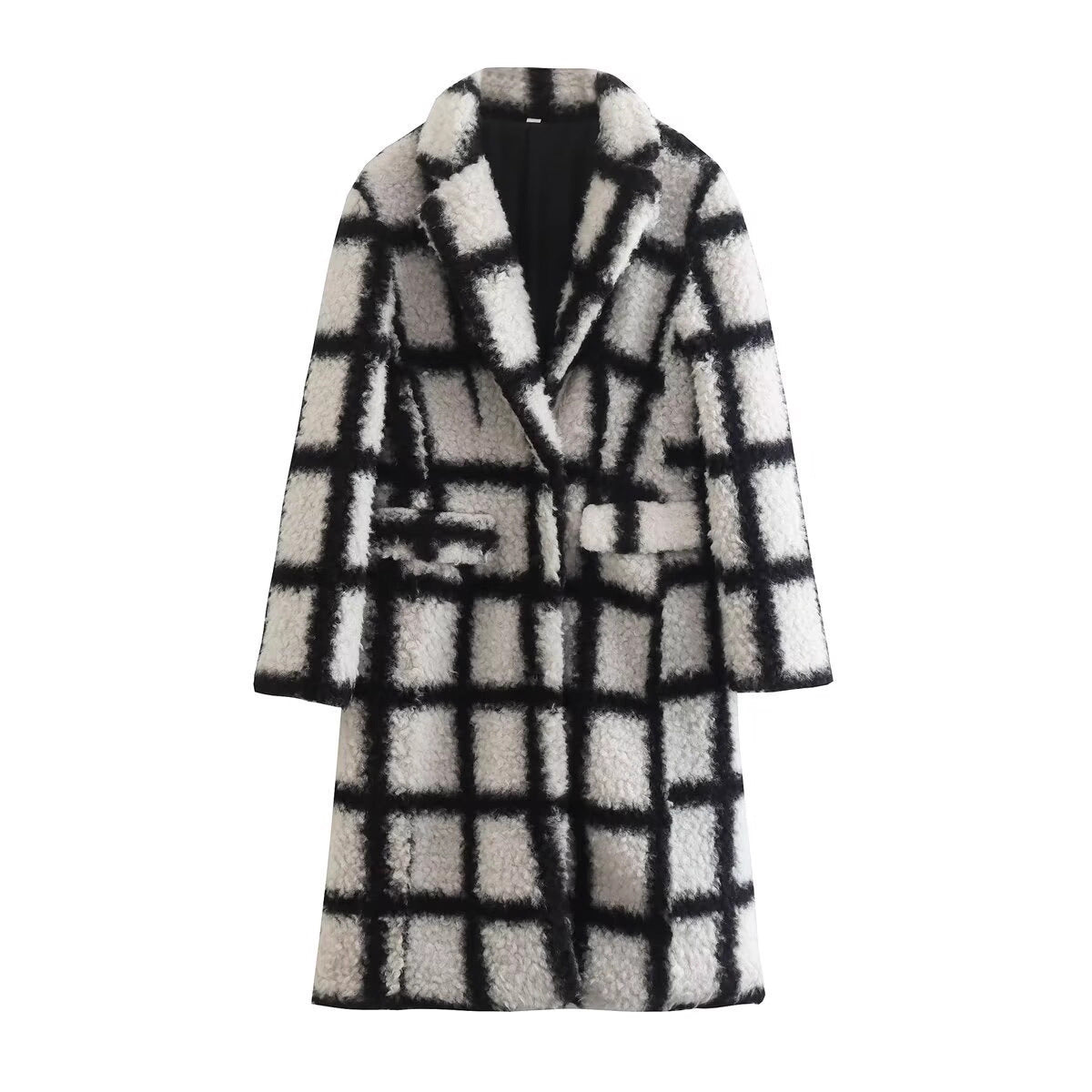 Ladies Long Checkered Teddy Coat with Revers Collar and Flap Pockets Chichicherry