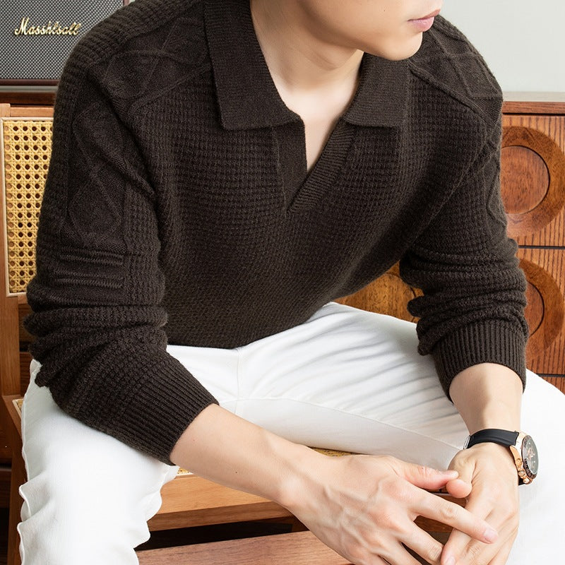Men's polo sweater with textured waffle knit and cable pattern sleeves Chichicherry