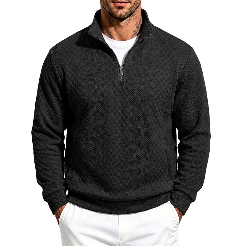 Men's Textured Half-Zip Sweater with Stand-Up Collar and Texture Pattern Chichicherry