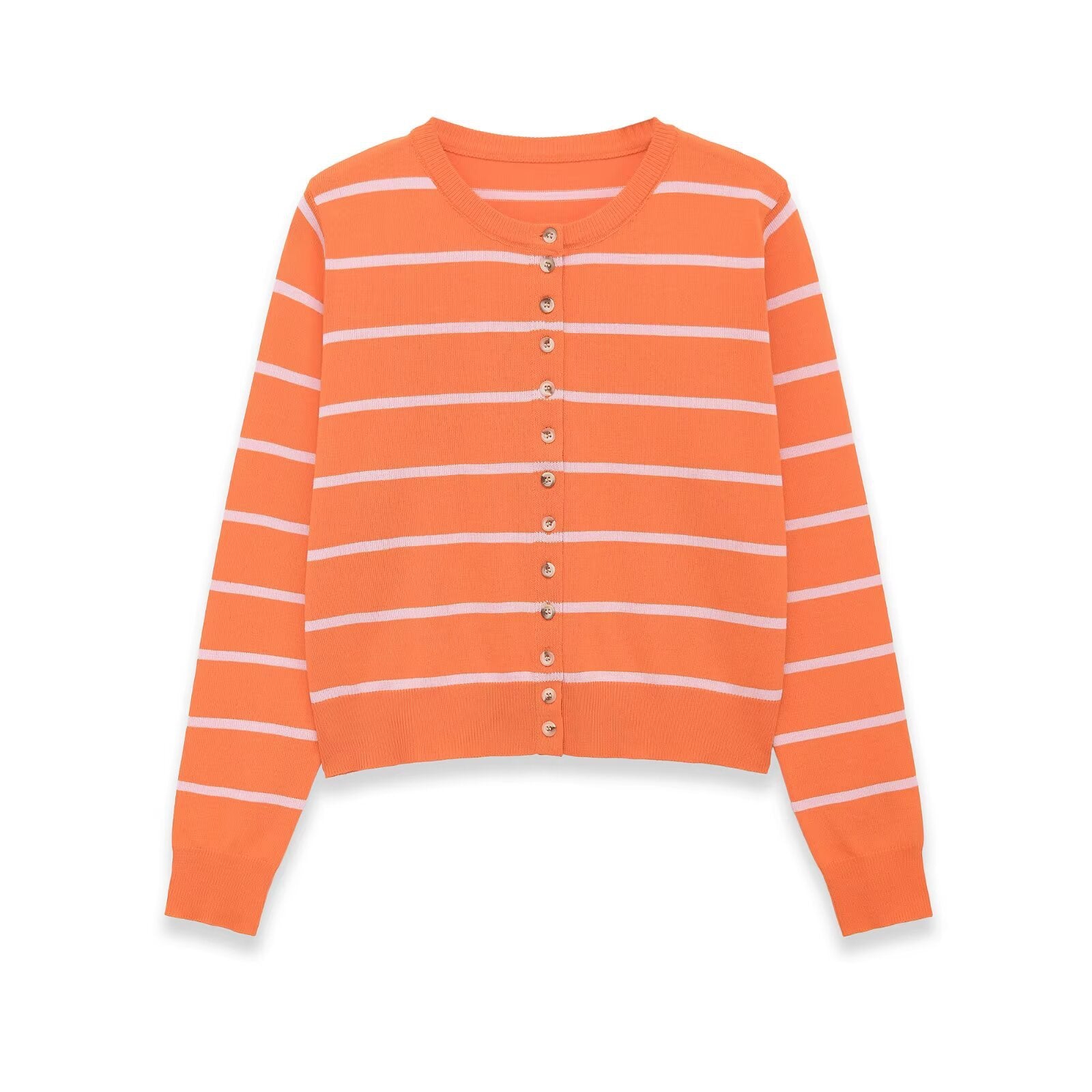 Women's Short-Cut Fine Knit Cardigan with Horizontal Stripes and Mother-of-Pearl Buttons Chichicherry