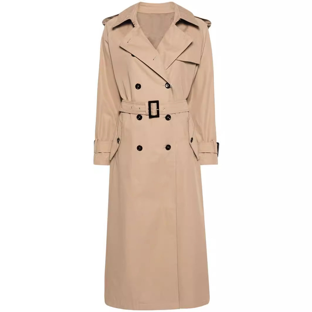 Women's trench coat in maxi length with double-breasted button placket and waist belt Chichicherry