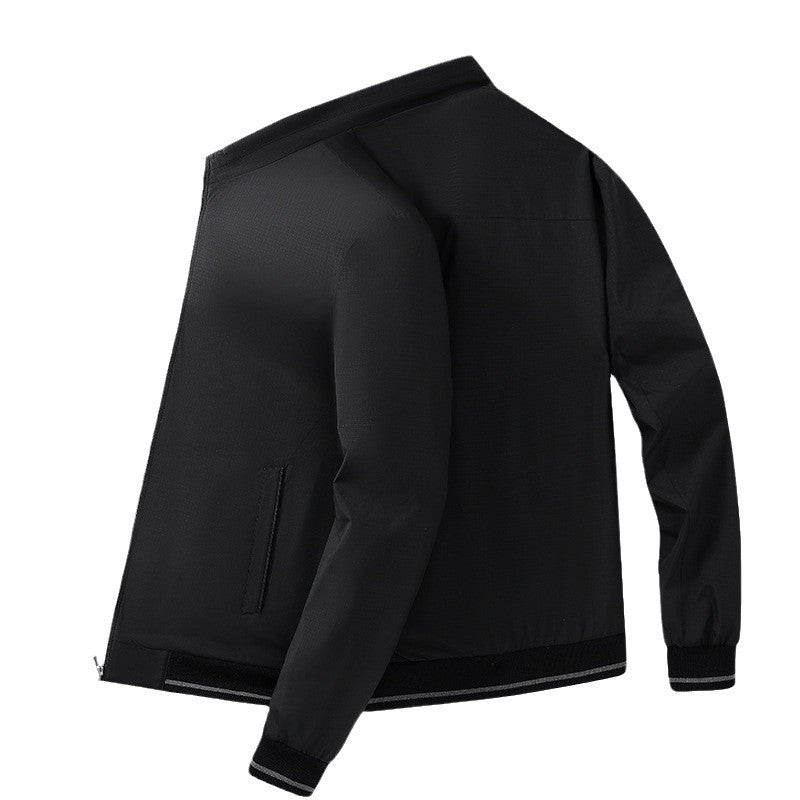 Men's Lightweight Minimalist Bomber Jacket with Stand Collar, Two-Way Zipper and Ribbed Cuffs