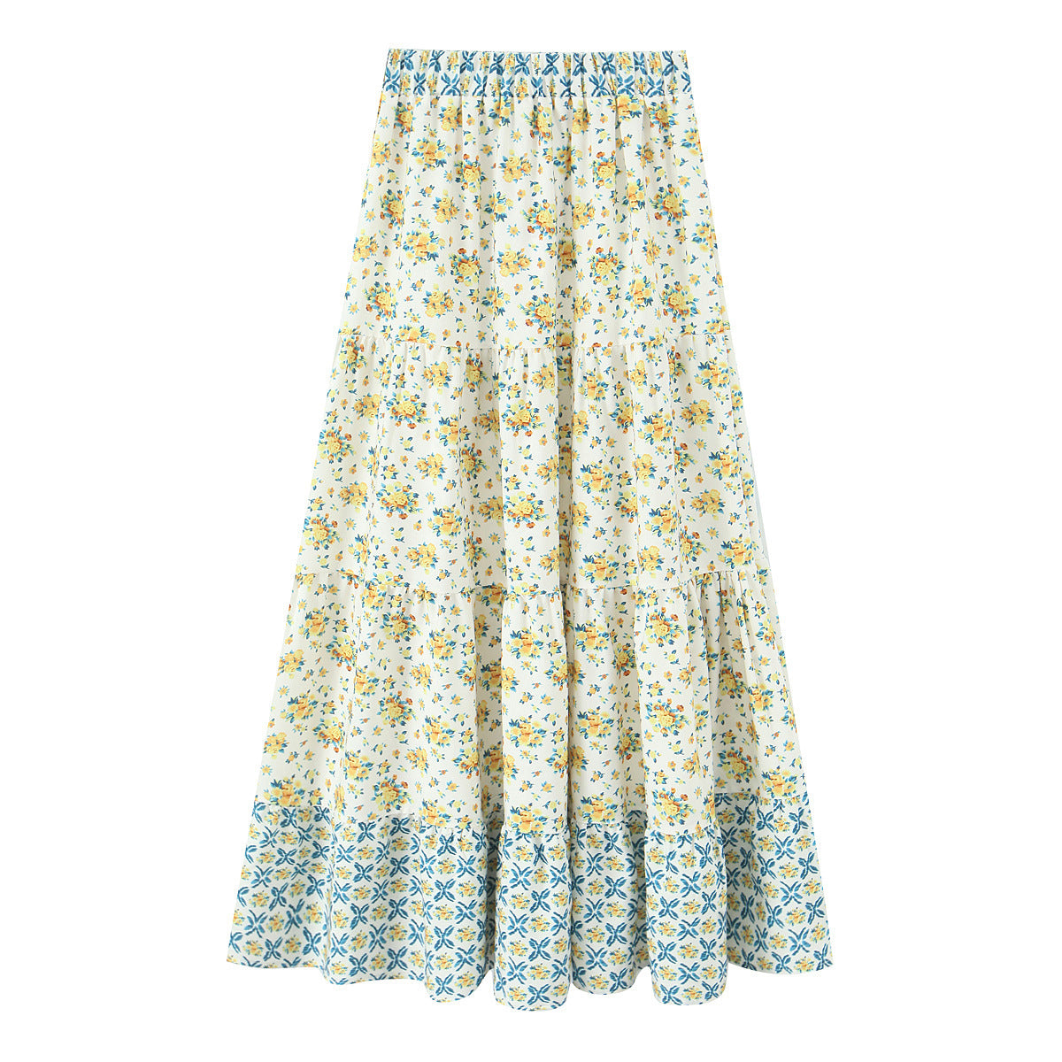 Women's Long Tiered Skirt with Floral Allover Print, Elastic Waistband and Ruffled Panels Chichicherry