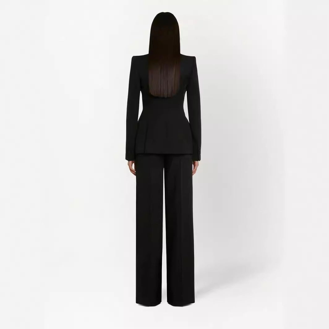 Women Elegant Tuxedo Set in Tailoring with Tailored Single-Breasted Blazer and Wide Palazzo Pants Chichicherry