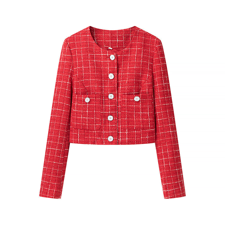 Women's Short-Cut Boucle Tweed Blazer with Round Neck, Decorative Buttons and Patch Pockets Chichicherry